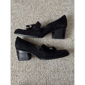 Stuart Weitzman Black Suede Brogue Tassle Heeled Loafers Size 8